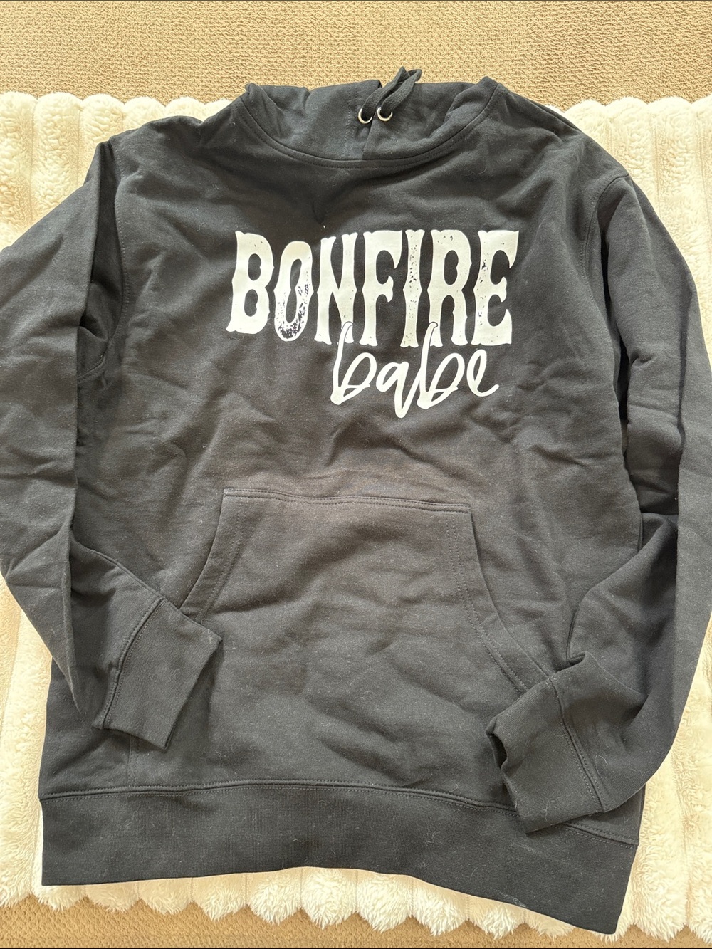 Hand Crafted Black Crewneck Sweater with White "Bonfire Babe" Graphic
